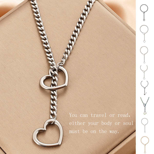 Stainless Steel Lariat Heart Necklace Personality Heavy Ring Cuban Long Chain Punk Rock Slipchain Choker Collar For Women Men