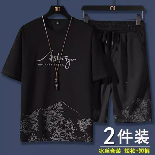 Summer Casual Suit Men&#039;s Ultra-thin Quick-drying Ice Silk Short-sleeved T-shirt Sports Shorts Running Two-piece Suit