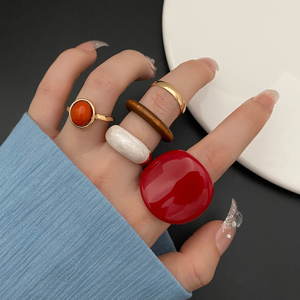 New Trendy Rings Set For Women Exaggerated Red Resin Enamel Wooden Geometric Finger Ring Punk Fashion Jewelry