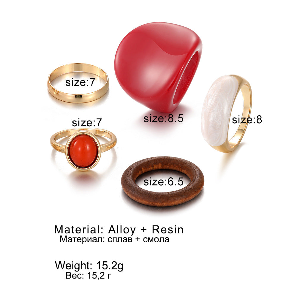 New Trendy Rings Set For Women Exaggerated Red Resin Enamel Wooden Geometric Finger Ring Punk Fashion Jewelry